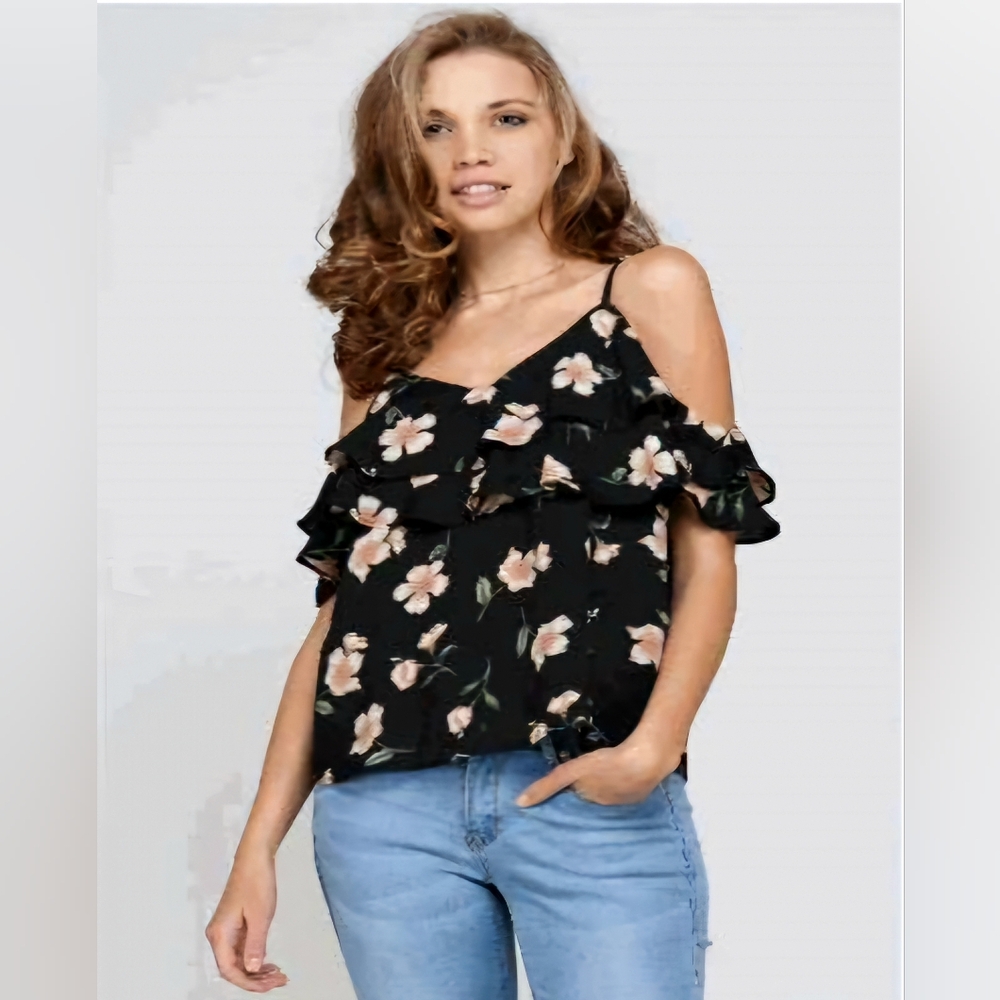 Ruffled Cold Shoulder Black Floral Top W/Adjustable Straps